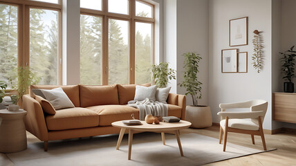  A Scandinavian-style sofa in a bright, airy living room, symbolizing simplicity and natural beauty.