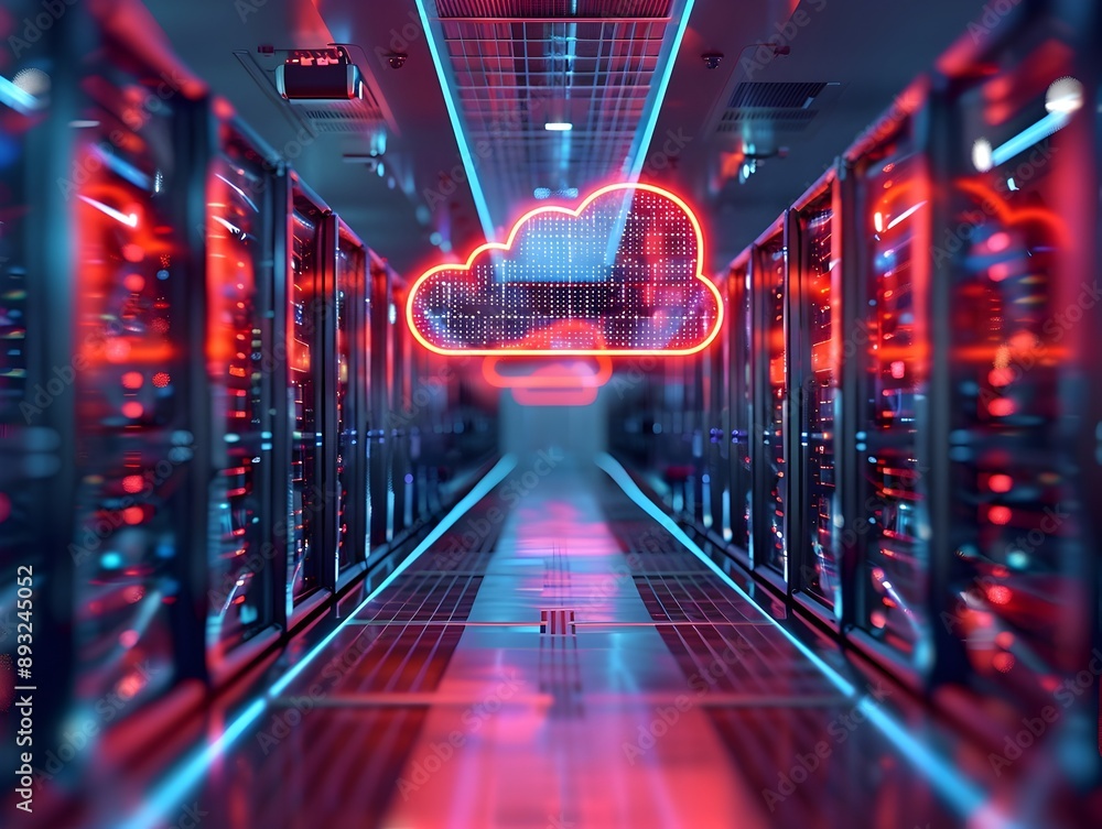 Poster futuristic glowing cloud data center with automated high tech systems and servers