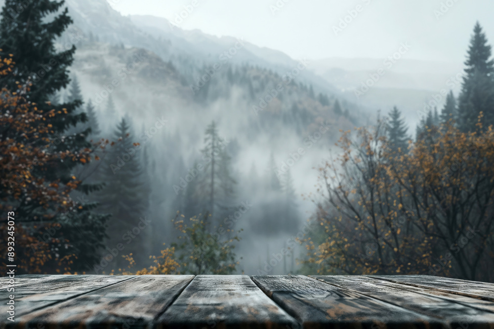 Aufkleber empty wooden tabletop with a misty forest landscape in the background, offering a serene and atmosph