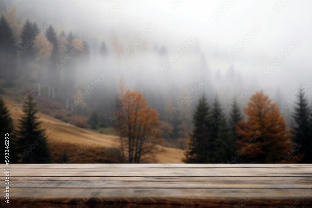 Poster empty wooden tabletop with a blurry autumn forest covered in fog in the background