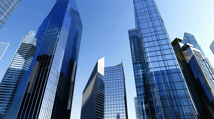 A futuristic skyscraper with a sleek, reflective glass facade rising against a clear blue sky, showcasing modern urban architecture and advanced design