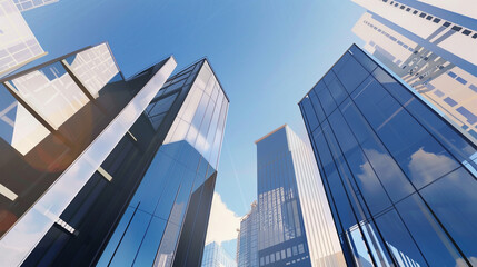 Obraz premium A futuristic skyscraper with a sleek, reflective glass facade rising against a clear blue sky, showcasing modern urban architecture and advanced design