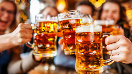 Friends cheerfully clinking beer mugs in a pub, enjoying the lively Oktoberfest celebration.