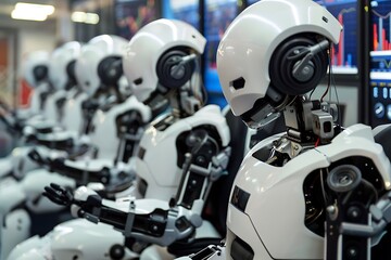 Fototapeta premium Row of White Humanoid Robots in a Factory Setting.