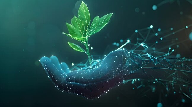 representation of a sustainable economy featuring a digital hand holding a plant, created with connected glowing dots, lines, and geometric shapes on a blue tech