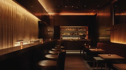 A cozy and stylish modern bar interior with dim lighting and a warm ambiance, ideal for nightlife and social gatherings.