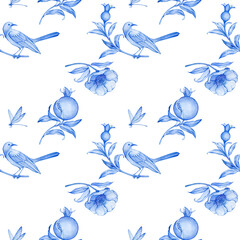 Seamless floral pattern in blue colors. Pattern with branches of pomegranates.