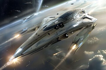 Fototapeta premium Futuristic Spaceship Flying Above Earth.