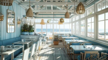 Coastal-themed restaurant interior with large windows overlooking the ocean, blue decor, and natural light illuminating the space.