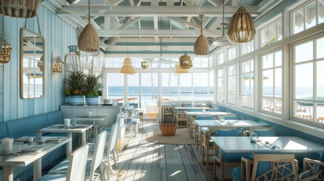 Coastal-themed restaurant interior with large windows overlooking the ocean, blue decor, and natural light illuminating the space.