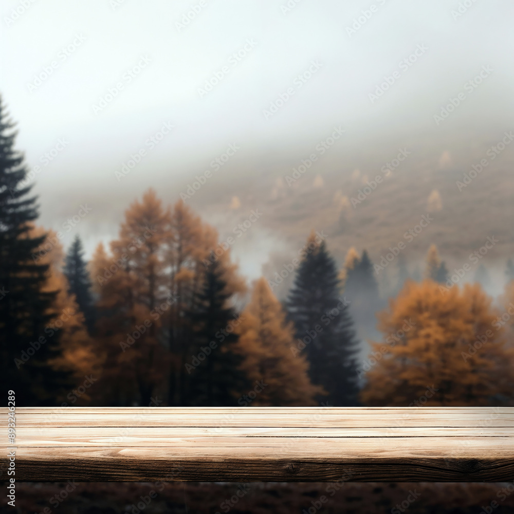 Poster empty wooden tabletop with blurred autumn forest landscape background, perfect for product display o