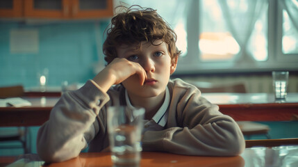 Portrait of a young boy, a little male Caucasian child or toddler, student sitting in a classroom, school, with a worried, thoughtful expression, thinking, education and learning, teenager learning
