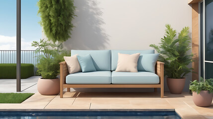 An outdoor sofa on a patio, symbolizing relaxation and enjoying nature.