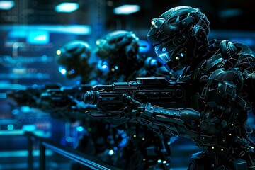 Naklejka premium Futuristic Soldiers in Blue Neon Lighting.