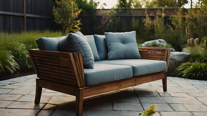 An outdoor sofa on a patio, symbolizing relaxation and enjoying nature.