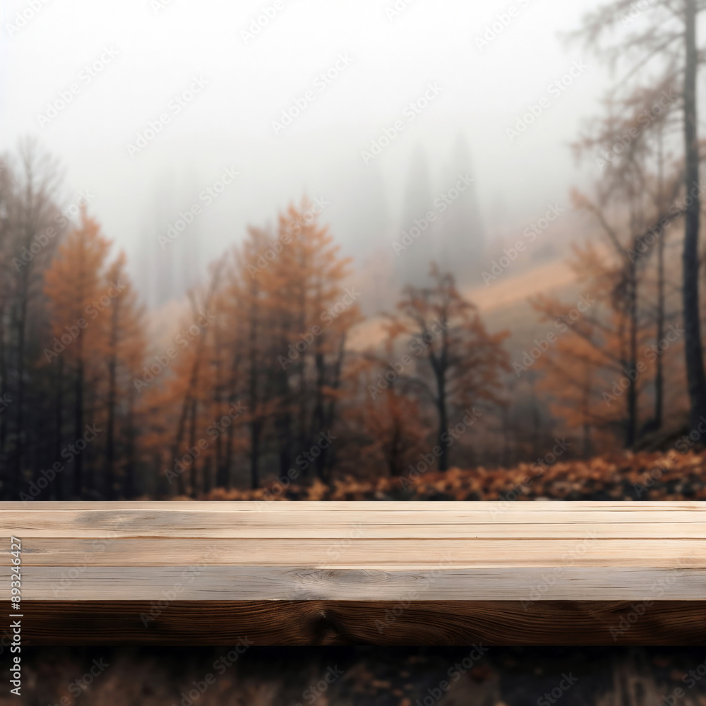 Aufkleber empty wooden tabletop with misty autumn forest background. perfect for product display or presentati