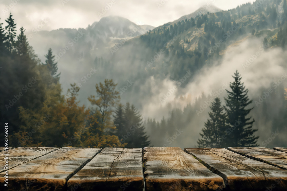 Aufkleber empty wooden table top with misty mountain view in background, perfect for product placement