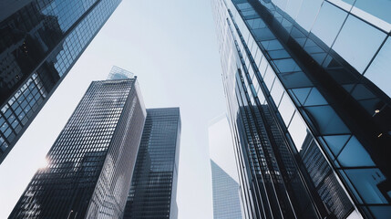A futuristic skyscraper with a sleek, reflective glass facade rising against a clear blue sky, showcasing modern urban architecture and advanced design