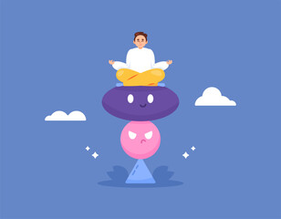 the concept of emotional balance and stress control. emotional stability. managing emotions and thoughts. illustration of man meditating on stacked stones. flat style design. graphic elements