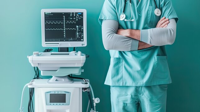 Doctor with Medical Equipment: A doctor wearing scrubs and a stethoscope, standing beside medical equipment such as an ultrasound machine or EKG monitor. Minimalist stock photo  - Powered by Adobe