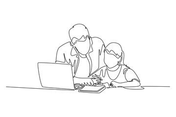 Parent-child relationship, communication concept. Single line draw design vector graphic illustration.