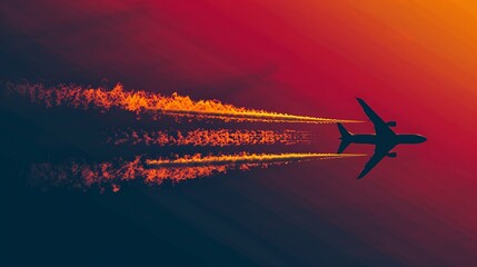 Naklejka premium A white stripe appears in the sky behind an airplane flying high.