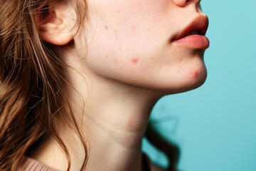 Photo of a teenager's neck with acne scars on a mint blue background