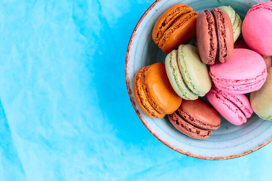 Cake macaron or macaroon bowl top view