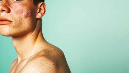 Naklejka premium Close-up photo of a young man's upper arm with acne scars on a mint green background