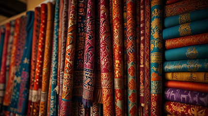 A display of colorful Indian textiles, representing traditional craftsmanship and cultural richness.