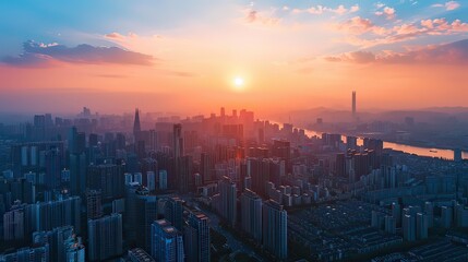 Fototapeta premium Aerial view of a modern cityscape dominated by high-rise buildings at sunset. Minimalist stock photo 