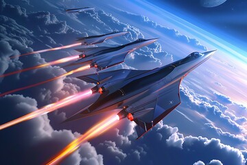 Futuristic Fighter Jets Flying Above the Clouds.