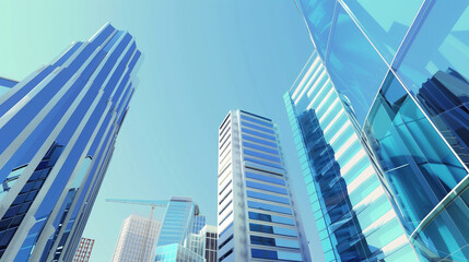 A futuristic skyscraper with a sleek, reflective glass facade rising against a clear blue sky, showcasing modern urban architecture and advanced design