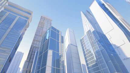 Obraz premium A futuristic skyscraper with a sleek, reflective glass facade rising against a clear blue sky, showcasing modern urban architecture and advanced design