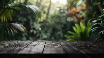 Blurred tropical forest background with dark wood table top for design mockup or product banner.