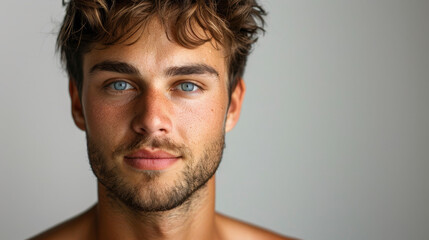 Fototapeta premium Close-up portrait of a young man with captivating blue eyes and a charming smile, showcasing natural beauty and confidence.