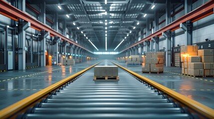 Fototapeta premium Advanced Automated Logistics Hub with Efficient Packaging and Sorting Systems for High Tech Industrial
