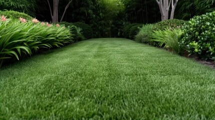 Lush green garden path