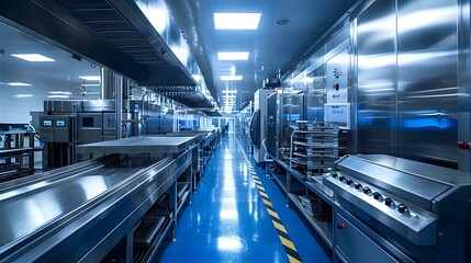 Naklejka premium Automated Food Processing Plant with High Tech Machinery Clean and Efficient Industry Concept