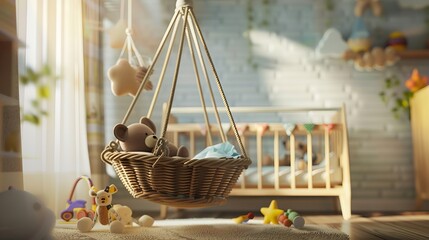Fototapeta premium A baby's room with a crib, toys, soft lighting, and cozy decor; a teddy bear in a crib.