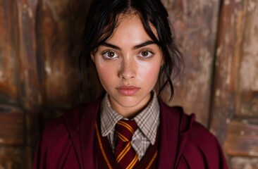 young woman with dark hair in a burgundy coat and plaid scarf