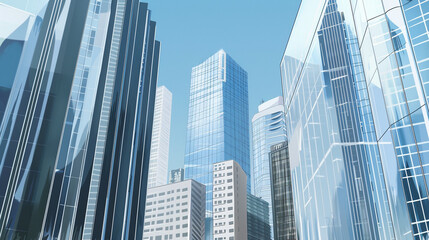 Fototapeta premium A futuristic skyscraper with a sleek, reflective glass facade rising against a clear blue sky, showcasing modern urban architecture and advanced design