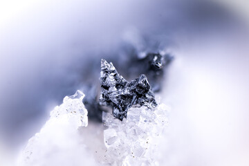 rare jordanite metalic crystals. Specimen from type locality : Lengenbach Quarry, Switzerland. Micro photography detail texture. close-up polished semi-precious gemstone.