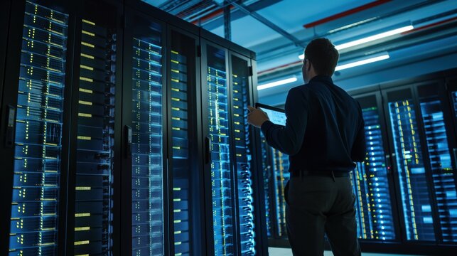 Technician monitors a powerful server room used to generate AI or farm crypto in a secure warehouse filled with racks of computer servers networked to the internet