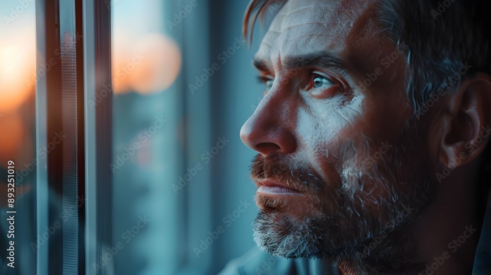Poster contemplative man reflecting in window with moody lighting capturing emotion and thought