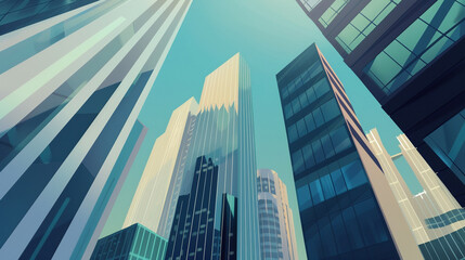 Naklejka premium A futuristic skyscraper with a sleek, reflective glass facade rising against a clear blue sky, showcasing modern urban architecture and advanced design