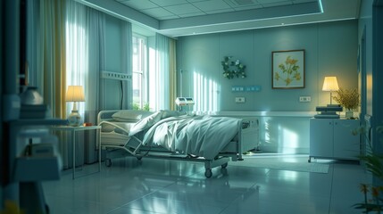A Hospital Room With a Hospital Bed, a Lamp and a Nightstand - Generative AI