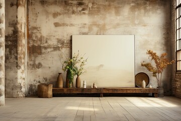 Minimalistic room with weathered floors and earthy tones