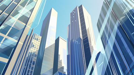 Fototapeta premium A futuristic skyscraper with a sleek, reflective glass facade rising against a clear blue sky, showcasing modern urban architecture and advanced design