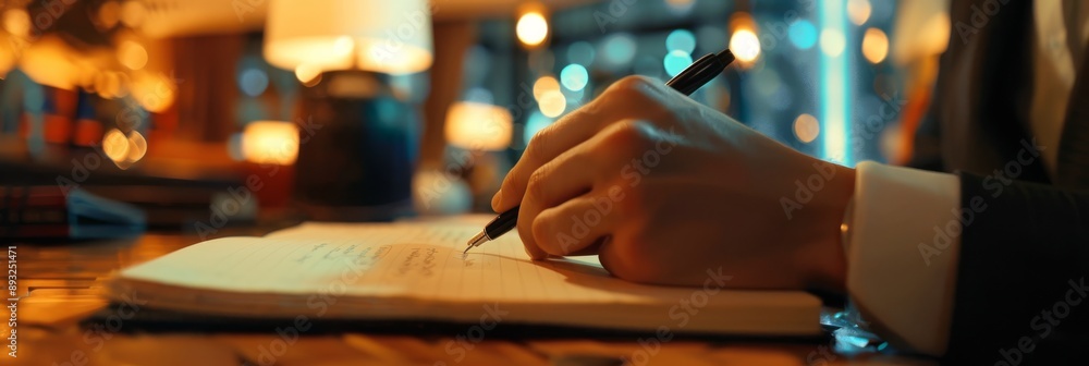 Aufkleber a person is seen writing in a softly illuminated and comfortable setting, possibly for journaling or